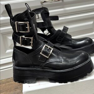 Alexander McQueen Black Combat Moto Boots with Buckle Straps